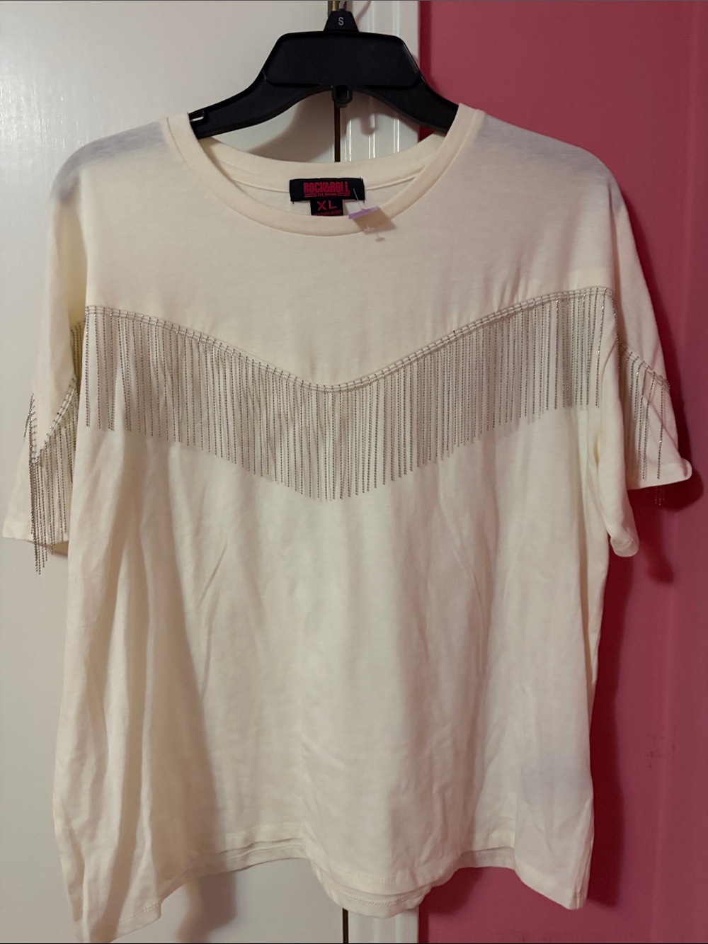 Rock & Roll Cowgirl Cream Fringe Short Sleeve Top
